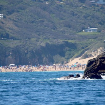 Coastal view with beachgoers, rocky cliffs, and distant houses.