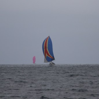 Sailboats with colorful sails on a cloudy sea.