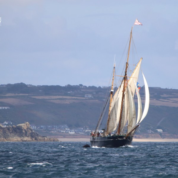Sailing ship with multiple sails on the ocean near rocky coastline.