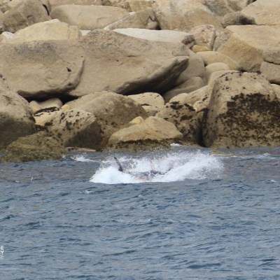 Sea with splashing water near rocky shore.